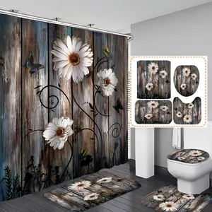 4PCS Wooden Daisy Shower Curtain Set, Country Style Bathroom Decor Set, Waterproof Shower Curtain, Bath Mat, U-shaped Mat, Toilet Cover Mat Interior Home Goods