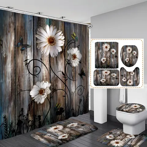 4PCS Wooden Daisy Shower Curtain Set, Country Style Bathroom Decor Set, Waterproof Shower Curtain, Bath Mat, U-shaped Mat, Toilet Cover Mat Interior Home Goods