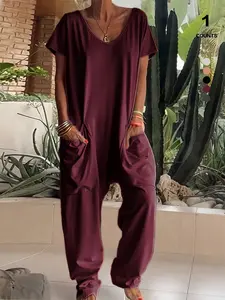 1/2/3 pcs Oversized Women's Harem Jumpsuit, Bohemian Style One-Piece with Side Pockets, Basic Casual Fashion Womenswear for All-season 2026