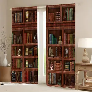 Bookshelf Design Pattern Curtain, 2 Counts Semi Blackout Curtain, Window Curtain for Home Living Room Bedroom Office Decor