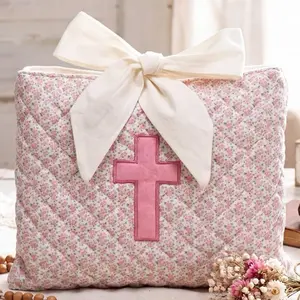 Monogrammed Bible Cover with Embroidered Monogram Blue Floral Design Dustproof Tie Bow Fabric Storage Organizer Durable Organiser for Books - Personalized