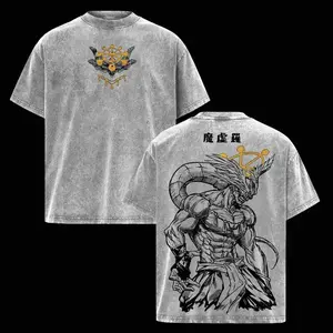 Men's Jujutsu Kaisen Mahoraga Graphic Short-Sleeve T-Shirt - Vintage Washed Oversized Dark Streetwear Clothing, Ribbed Round Neck, Soft Cotton Top, Unisex 1-Piece Seamless Apparel, Guys Gifts for JJK Fans Washed Streetwear Shirt t shirt soft cotton