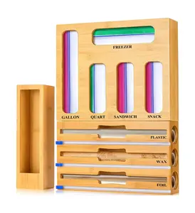 Storage Bag Organizer, Foil and plastic Wrap Organizer with Cutter, Kitchen Organizers and Storage Compatible with Gallon, Quart, Sandwich, Snack Bags and 12" Aluminum Foil & Wax Paper Containers Utensils