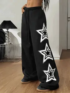 "Black Oversized Star Graphic Sweatpants | Wide-Leg Drawstring Joggers – 2025 TikTok Viral Streetwear Pick! Bold White Star Print, Comfy Fleece Fabric, Relaxed Fit 🔥 Perfect for #OOTD, #BaddieOutfits, #CozyFit Days. Stylish for Hangouts, Chill Nights or