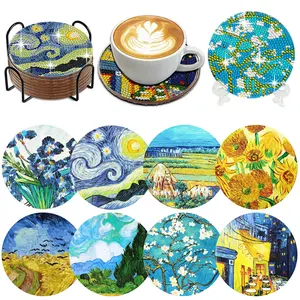 Muzagroo 5D Van Gogh Diamond Art Coaster Kits with Holder for Adults & Beginners 8 PCS DIY Handicrafts Paint by Diamond Coasters Stress-Reducing Gem Art Set