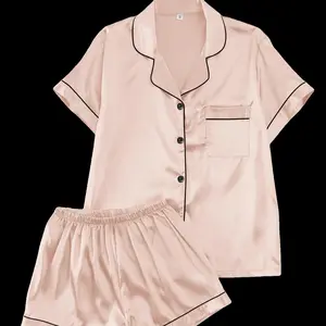 Summer ice silk pajama set, solid color short-sleeve top and shorts loungewear set, comfortable, breathable, cool