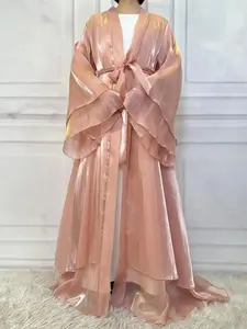 Chic Women's Solid Color Belted Flounce Sleeve Satin Lounge Robe, Tiered Layer Long Dressing Gown, Ladies Sleepwear for Spring & Fall, Clothing, Cozy, Lightweight Breathable Non-Slip Outsole