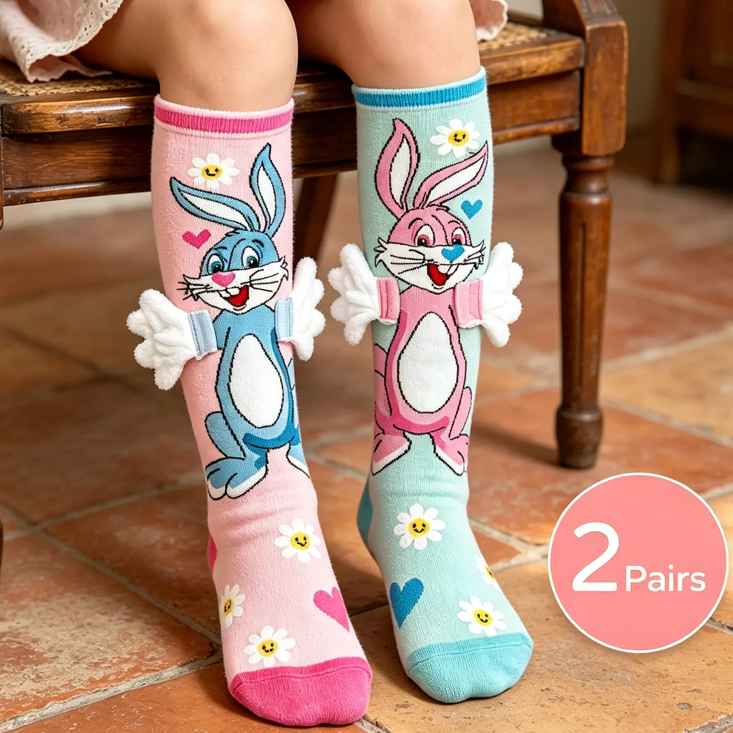 Kids 3D Bunny Knee High Socks, Cute Plush Wing Cartoon Rabbit Long Socks, Girls Funny Daisy Print Cotton Socks for Easter Party Daily Dress Up