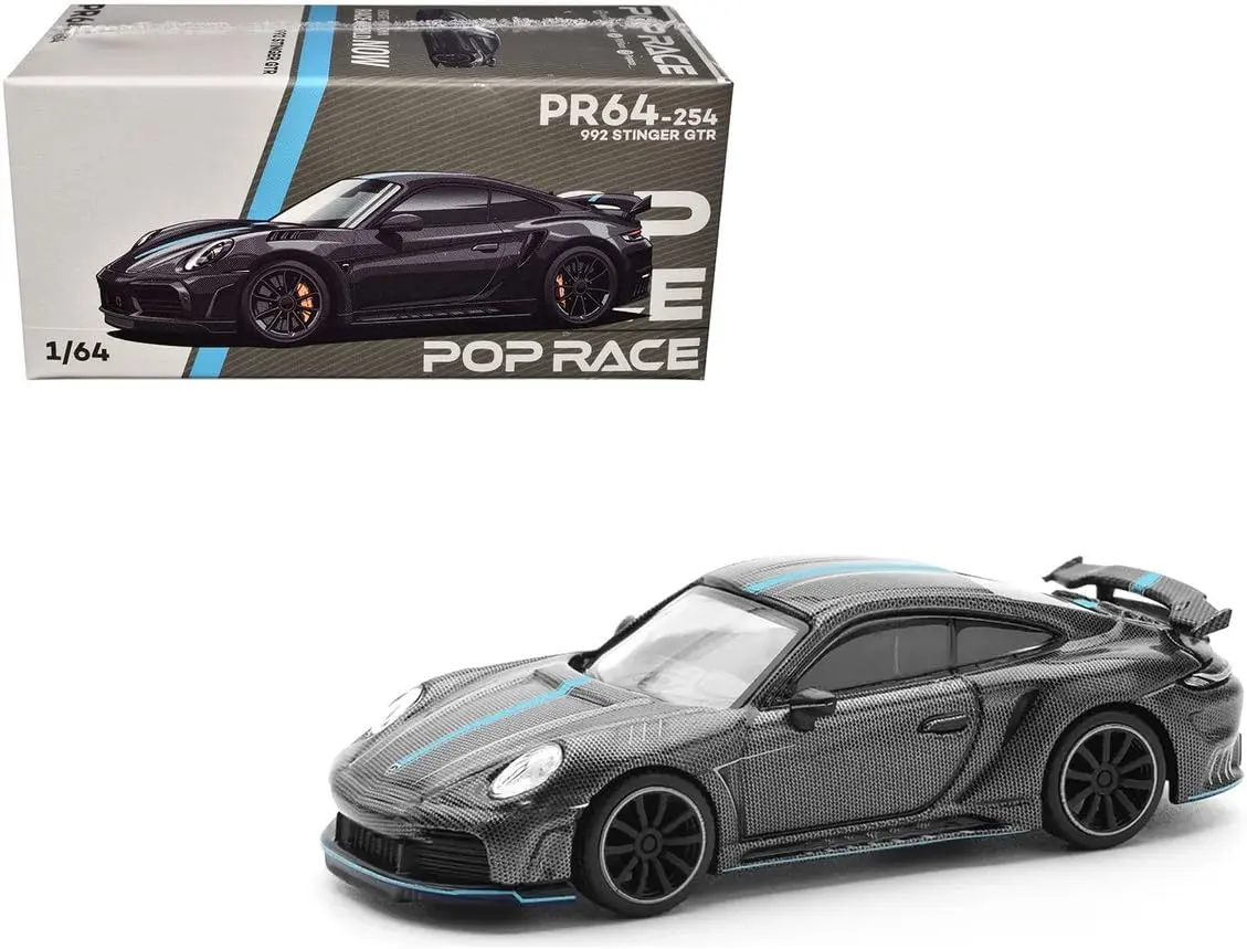 Pop Race 1:64 Porsche 992 Stinger GTR Carbon Edition with Blue Stripe Diecast Model Car Limited Edition PR640254