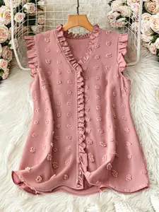 Women's French Sweet Style Sleeveless Blouse, V Neck Ruffle Decor, Embossed Floral Pattern, Casual Commuter Top