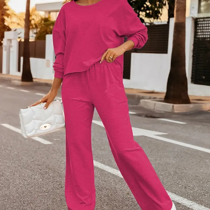 USBoutique Chic Women's Fall 2 Piece Outfits Sweatsuits Quarter Button Long Sleeve Sweatshirt & Wide Leg Pants Tracksuit Lounge Sets Medium Size