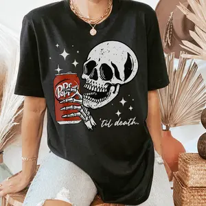 Comfort Colors Till Death Dr. Pepper Shirt, Skeleton Halloween Cute Dr Pepper Skeleton drinking Dr. Pepper Top Cotton