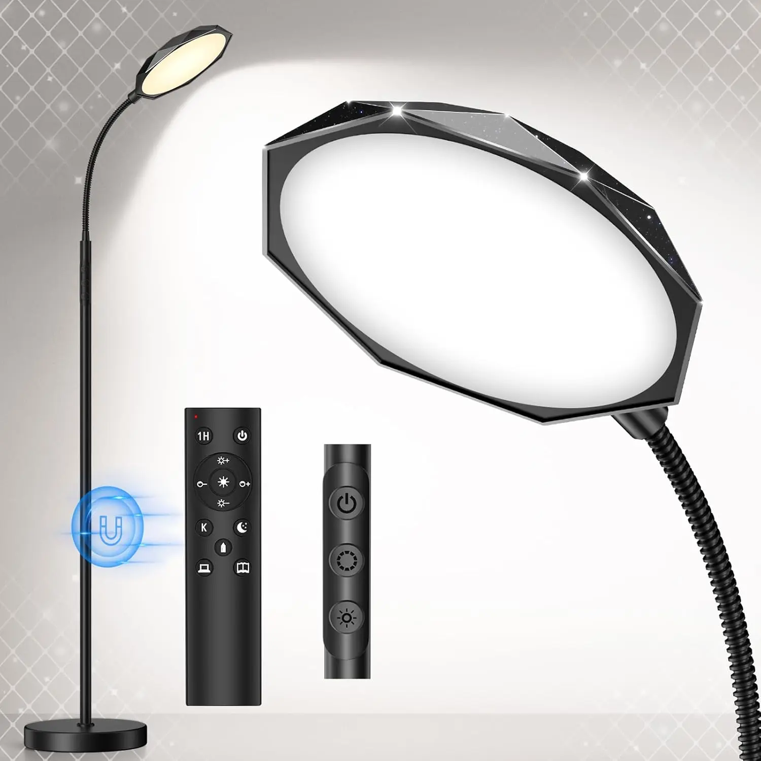 Floor Lamp, 18W Bright LED Floor Lamps for Living Room with Diamond-Surface, Stepless Adjustable Colors & Dimmer Standing Lamp with Timer, Remote & Touch Control, Reading Lights for Bedroom, Office