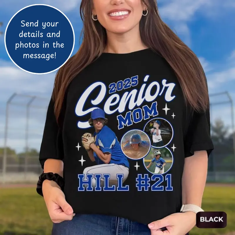 Custom Photo Collage Baseball or Softball Mom Dad Shirt, Personalized Sport Family Bootleg Tees for Senior Night