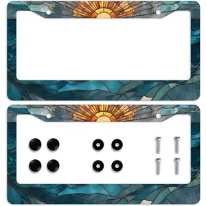 2 Pcs Stained Glass Waves License Plate Frame Sunset Ocean License Plate Holder Car Plate Holder Cover Universal Accessories License Plate Aluminum Car Tag Frames for Women Men US Vehicles