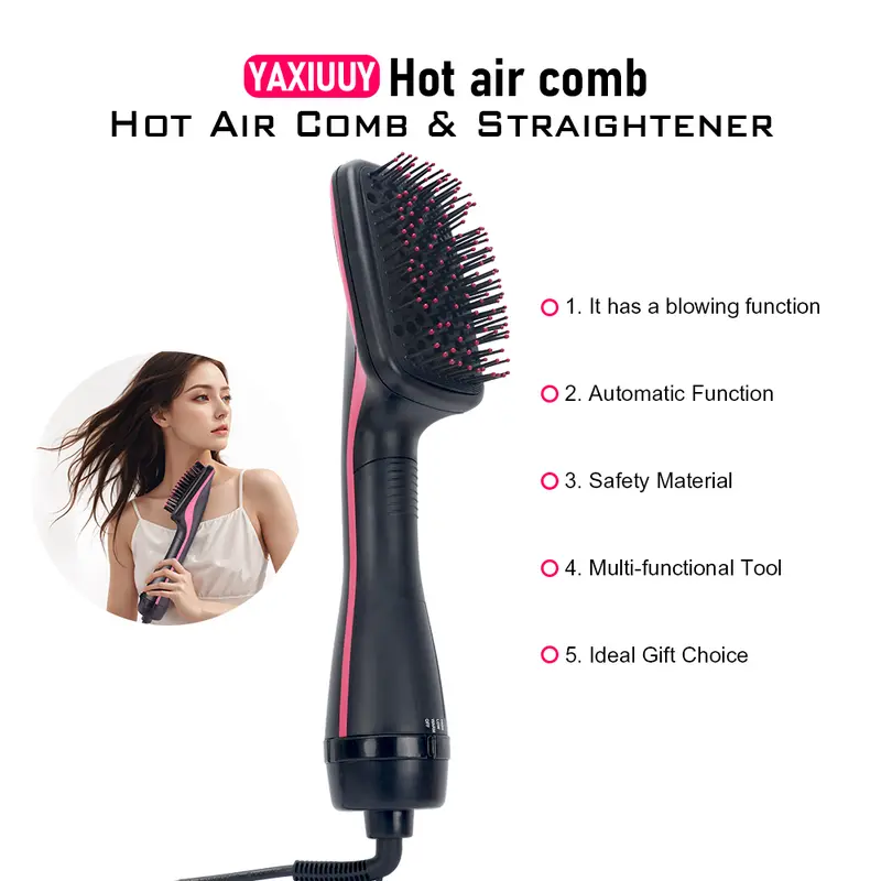 YAXIUUY Negative Ion Hot Air Comb & Straightener - Dual Voltage 110V-240V | 2-in-1 Styling Tool for Frizz-Free Shine & Smooth Hair | At-Home Salon Results, Women & Men