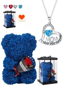 Eternal Mom Heart Necklace, Heart Shape Pendant, Engraved jewelry, engraved with 'I Love You', inlaid with gems, paired with a preserved rose and teddy bear gift box, a gift for birthdays, Valentine's Day, Mother's Day and Christmas