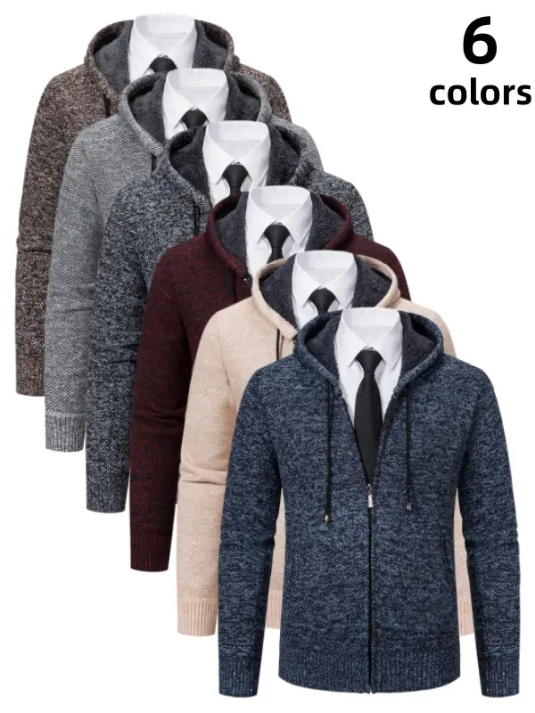 Men's Full-Zip Hooded Cardigan Sweater - Thick Fleece Lined, Warm Windproof Polyester Knit Outerwear, Longsleeves Business Casual Coats, Plain Tops