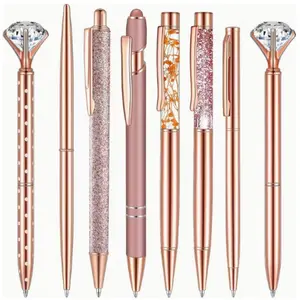 Rose Round Ballpoint Pen Set, Liquid Sand Glitter Pens, Metal Crystal Diamond Pens, Ink, Gift for Wedding Office Christmas
