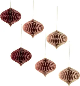Wedding Decorations, 6 PCS Burgundy MIni Glitter Gold Edge Honeycomb Lanterns Ornaments for Christmas Tree Decoration