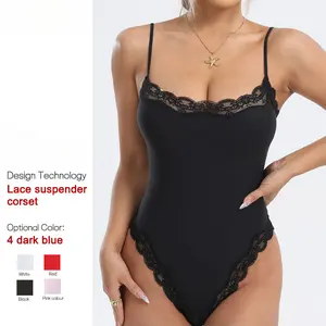 Skin-Friendly & Breathable Lace-Trimmed Bodysuit - Fitted, Double-Layered Strappy Shapewear - Ideal for Daily Layering, Body Contouring, and Loungewear