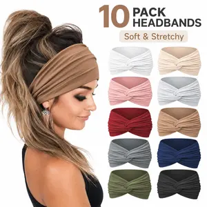 10 Pcs Extra Wide Turban Headbands – For Big Hair, Curly Hair, Thick Hair. Stretchy, Non-Slip & Super Comfortable. Works for Workout, Sport or Just a Lazy Day