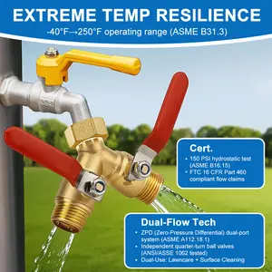 Heavy Duty 2-Way Garden Hose Splitter, Brass Faucet Adapter with Long Handles, Outdoor Water Tap Valve Connector, Y-Shaped Hose Fitting for Gardening