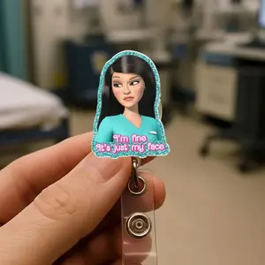 Funny Nurse Badge Reel, I’m Fine It’s Just My Face, Nursing Student Humor Badge Holder, Doll Meme Nurse Badge Clip, Healthcare Worker Gift