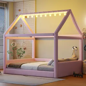 Full Size Bed Frame with LED Light Strips, Wood Floor Bed, Corduroy Upholstered House Bed Frame with Roof Design for Bedroom, Pink