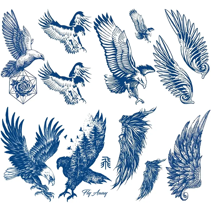 8 Pcs Herbal Temporary Tattoo Stickers, Fake Tattoos, Ephemeral Tattoos, Waterproof Eagle Wing Totem Design, Lasts 7-14 Days, Body Art for Arms, Abdomen, Back