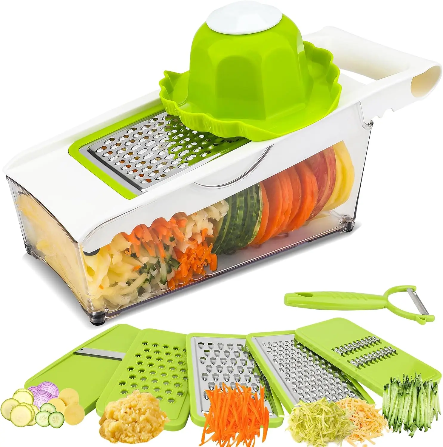 Premium Kitchen Grater Set with Container, Versatile Mandoline Slicer, Vegetable Shredder, Julienne Cutter, and Peeler for Efficient Cheese, Carrot, and Potato Preparation ADODU
