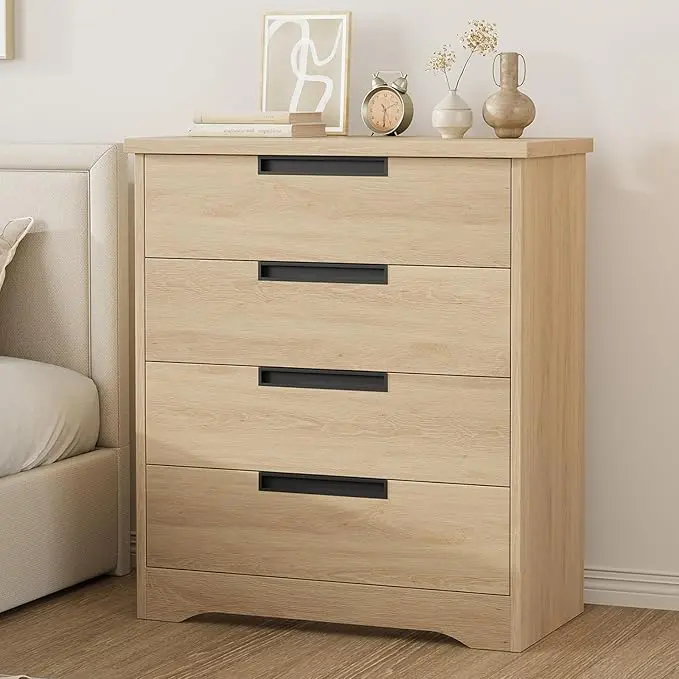 4-Drawer Wooden Dresser - Natural Chest of Drawers with Embedded Handles, Easy Access Bedroom Furniture, Entryway Storage Cabinets, Sideboard Cabinet for Bedroom, Hallway, Nursery, Cabinet Bedroom Furniture