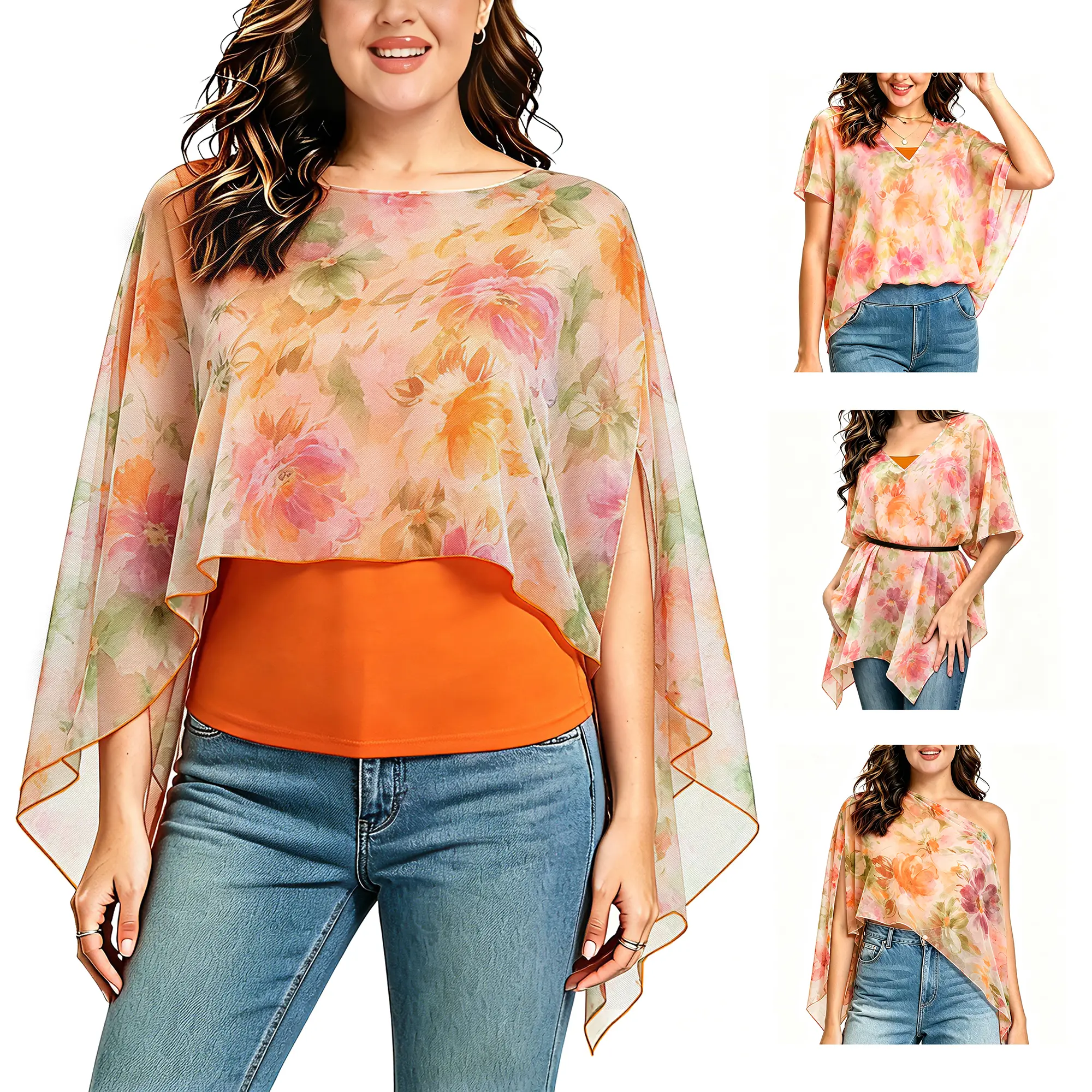 SeSe Code Flowy Chiffon Poncho Top for Women Multi‑Wear Layering Blouse Hides Belly & Covers Upper Arms