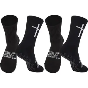 2 Pairs Cross Grip Soccer Socks Non-Slip Sports Sock with Bible Verse, Jesus Christian Socks for Football, US 6-13