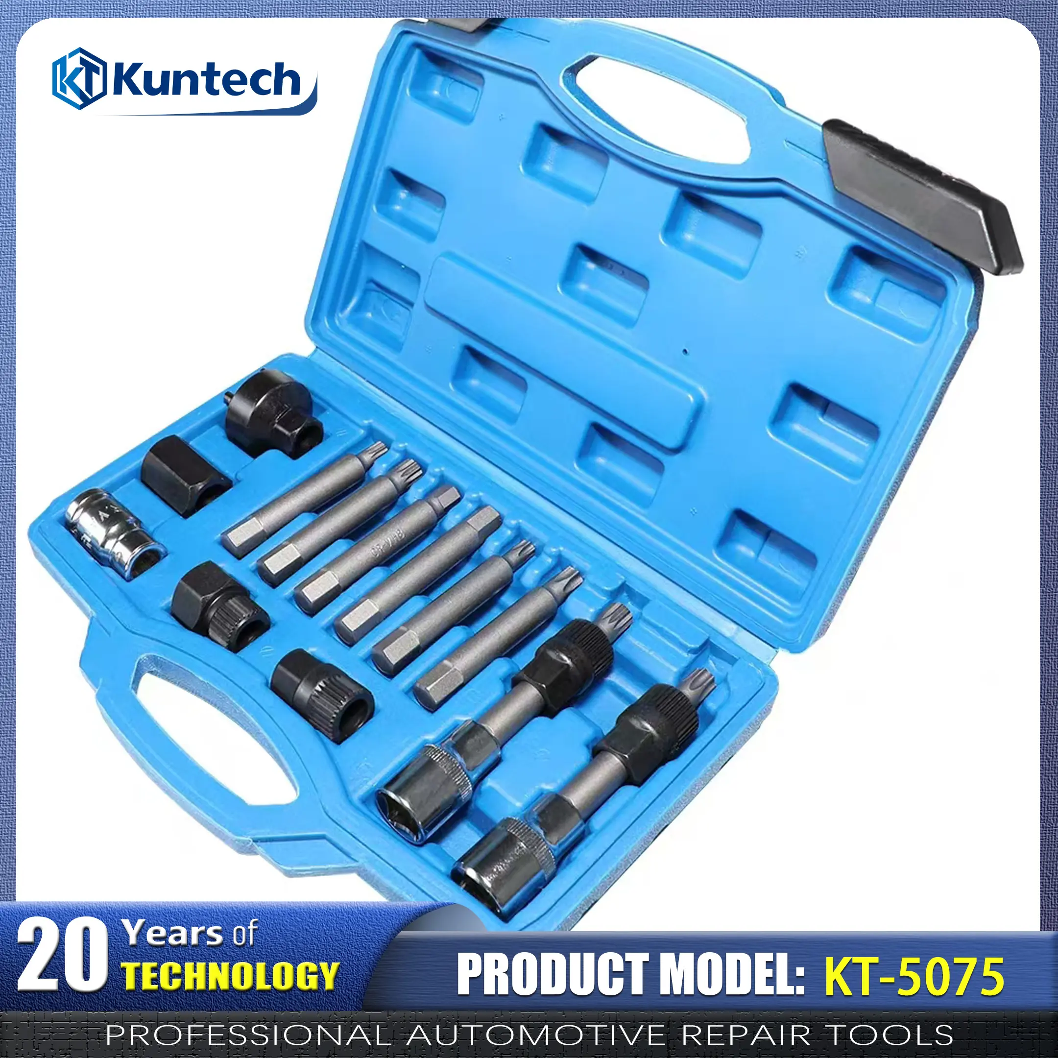 Kuntech KT-5075 13PCS Alternator Pulley Removal Tool Kit | Freewheel Overrunning Pulley Installer Remover Set for Automotive Repair