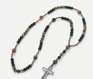 Tiger Eye Hematite African Turquoise Cross Necklace Men Protection Prayer Gift