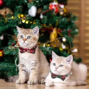 Aria of Living Christmas Cat Collar Breakaway with Cute Bow Tie and Bell for Kitty Adjustable Safety Plaid Red Black Design Ideal for Festive Occasions