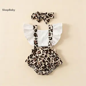 Baby Girls Leopard Print Clothes Set, Backless Flying Sleeve Square Collar Romper + Bow-knot Headband for Summer