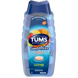 TUMS Smoothies Chewable Extra Strength Antacid Tablets Assorted Fruit 750 mg 250 ct Quickly Relieve Heartburn Sour Stomach Acid Indigestion Upset Stomach Edible