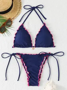 Women's Fashion Two-Piece Solid Ruched Bikini Set, Stylish Swimsuit for Beach & Pool, Comfortable and Sexy Swimwear for Summer, Bikini Swimsuits, Swim Top Set