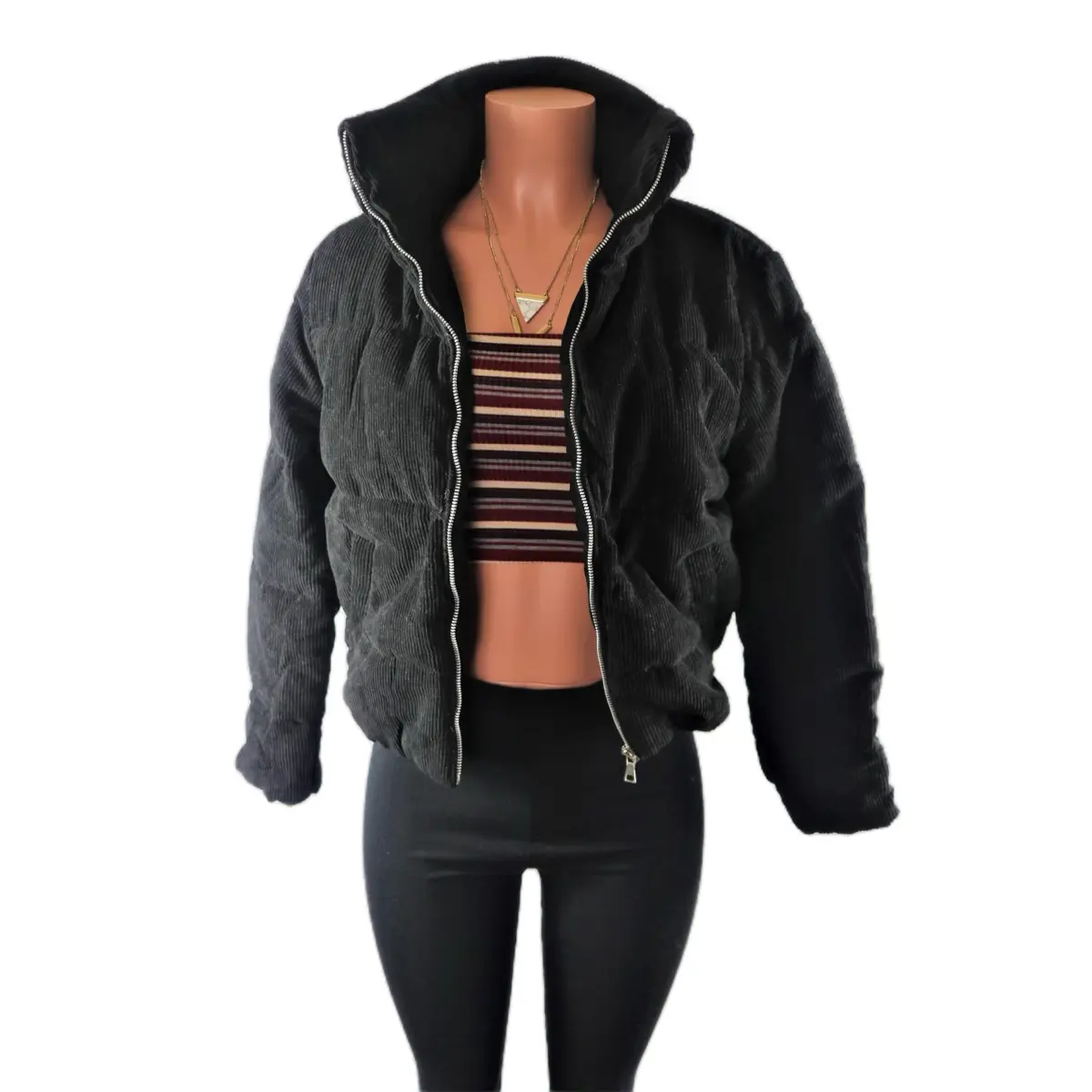 Women's Black Bomber Jacket with Long Sleeves - Basic Casual Outerwear - Polyester Corduroy Comfort cozy fall Womenswear Coats