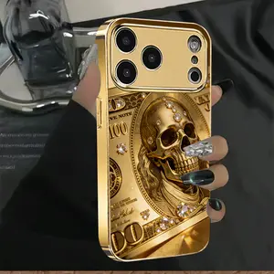 Bevel Gold Skull Dollar Bill Pattern Phone Case Electroplated Glass Phone Case, Suitable for iPhone 17/16/15/14/13/12/11