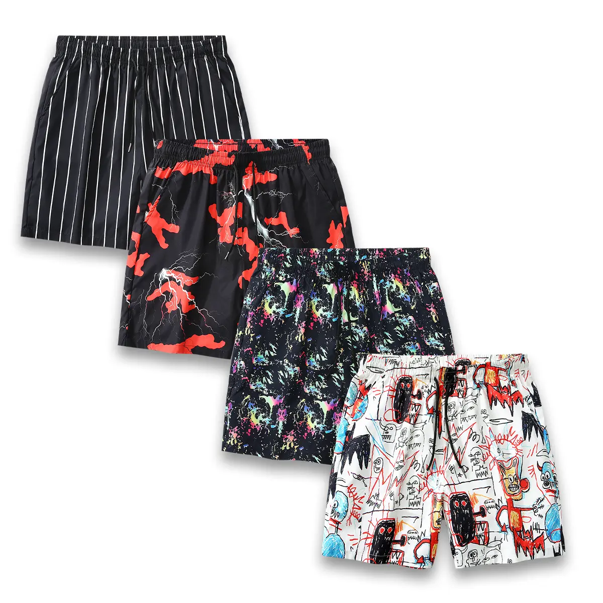 Men’s Summer Graphic Print Set Men’s Shorts - Elastic, Medium-Length, Mixed-Color, Multipocket, Adjustable Drawstring Waistband, Breathable, Casual Stylish for Everyday Wear, Elastics Men's Shorts