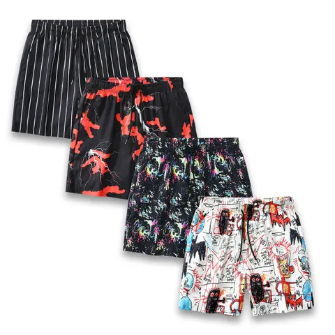 Men’s Summer Bold Print 2-Piece Above-the-Knee Shorts Set - Elastic, Mixed-Color, Multipocket, Adjustable Drawstring Waistband, Breathable, Fitted Cut, Casual Everyday Wear
