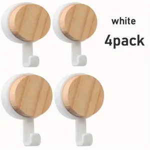 4-Pack Wooden Round Head Adhesive Wall Hooks – No-Drill, Strong Load Capacity, Easy Installation for Doors & Walls, Black Handles, Traditional Style, Door Hanging Hooks | Minimalist Decor | Sturdy Construction, Utility Hooks