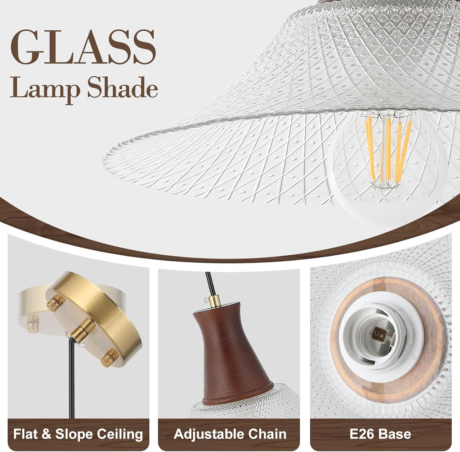 Vintage Kitchen Island Pendant Light Fixtures, Clear Wood & Glass Pendant Lighting, Modern Farmhouse Hanging Light with E26 Base (Crystal+Wood, 1 Pack)