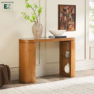 Walker Edison WEMYA26OS4MB1 Modern Solid Oak Wood 48 in. Console Table with Column Legs & Storage - Medium Brown Oak