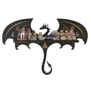 Dragon Shaped Floating Wall Shelf - Gothic Witchy Wooden Display Rack for Books, Plants, and Crystal Collections, Wall Mounted Decor
