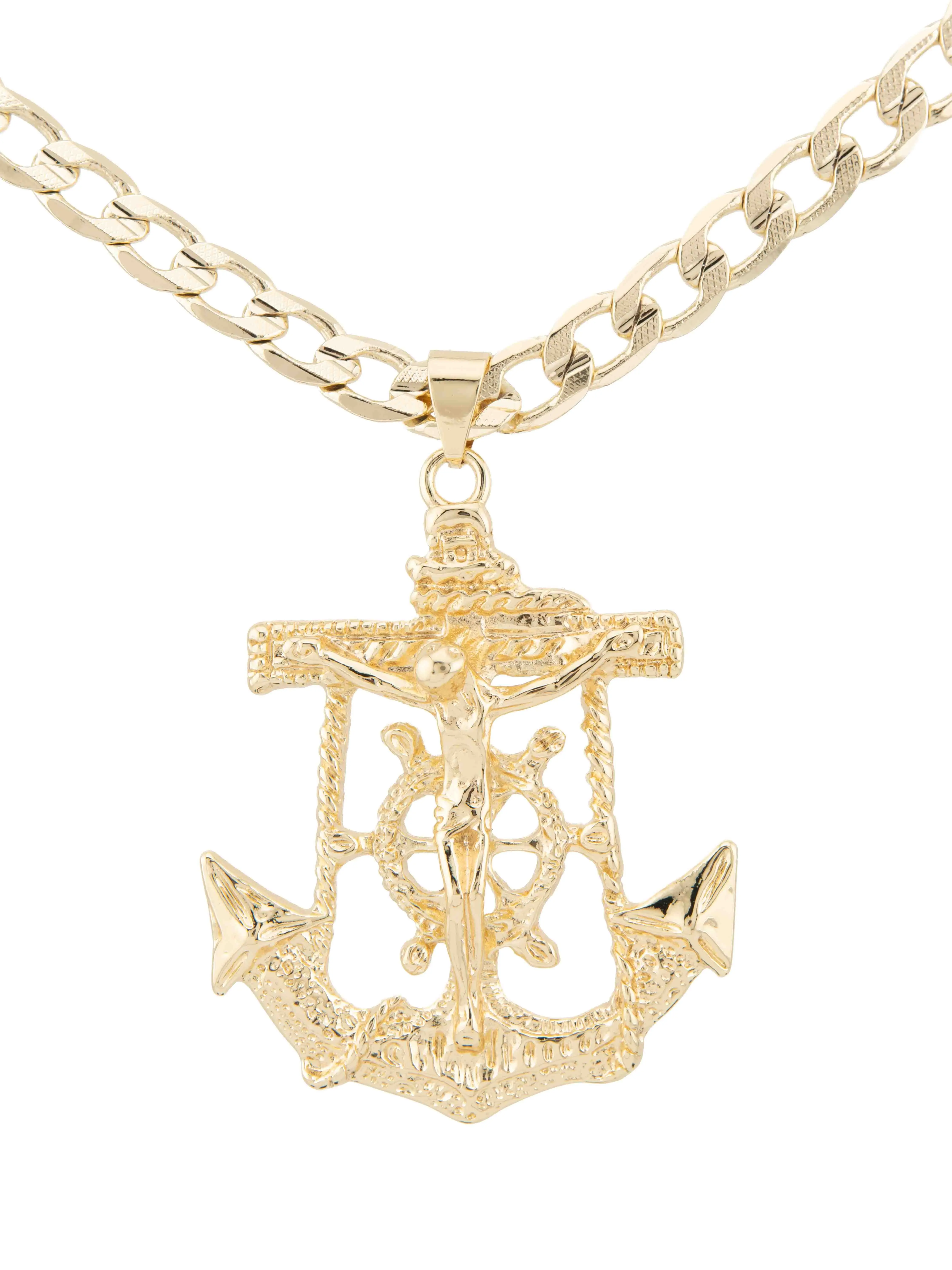 New anchor pendant with Christ in gold plated, includes 20 inch or 24 inch rope or cuban style chain necklace