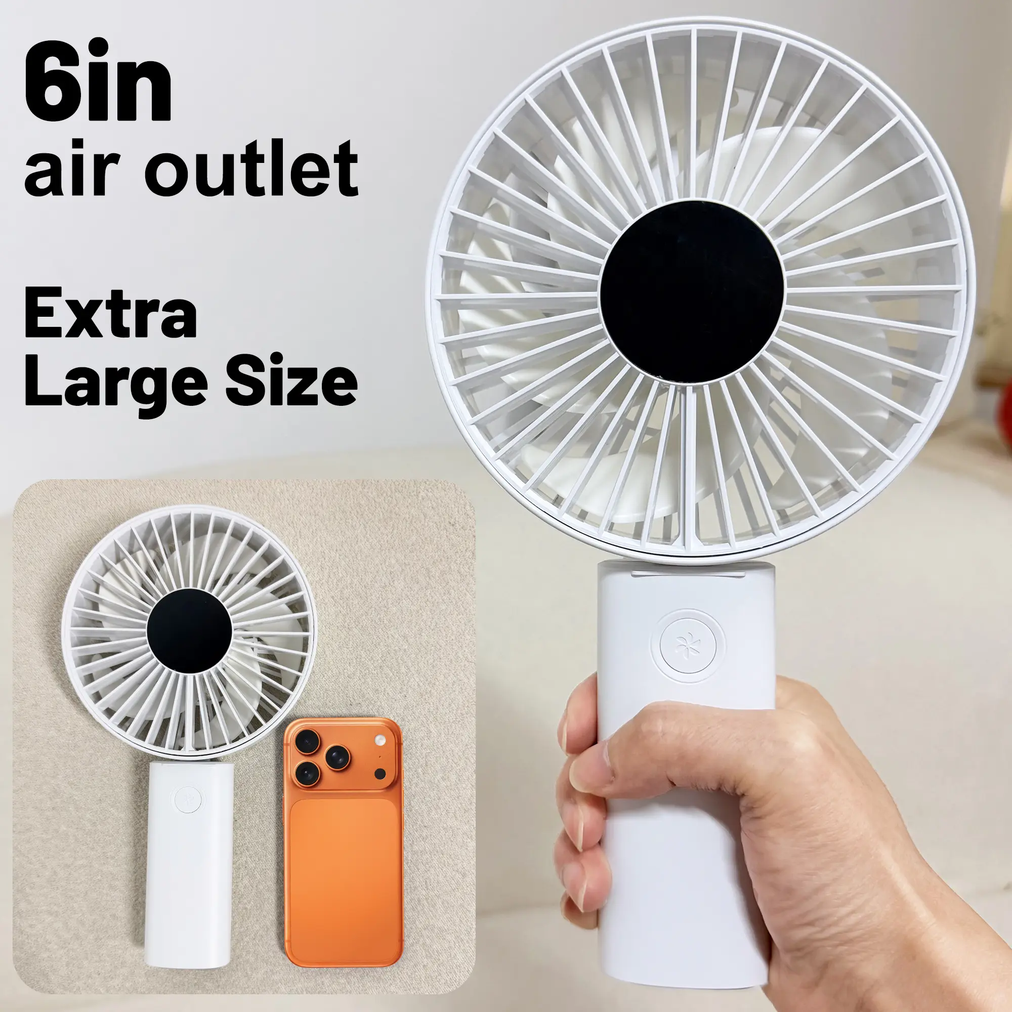 2026 New 6-inch Large Blade Handheld Fan: 5000 RPM, 100-speed adjustment, smart display, foldable, 4000mAh rechargeable battery for extended battery life.